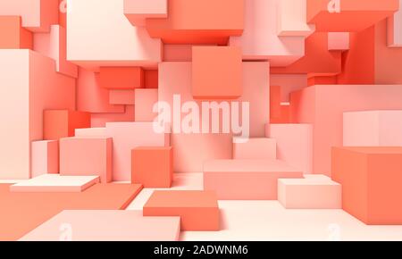 Structure composée de cubes de différentes tailles dans des tons roses. Image 3D render Banque D'Images