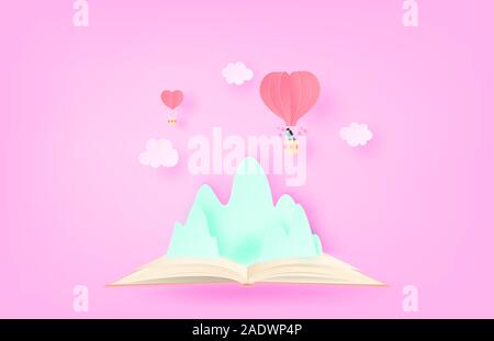 Illustration de l'amour. Forme de coeur hot air balloon flottant au-dessus de montagne à livre ouvert dans un papier coupé style. Du papier craft numérique art. Illustration de Vecteur