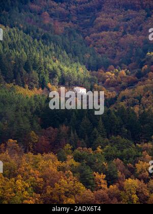 Maison entourée d'arbres isolés dans les montagnes campagne Banque D'Images