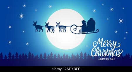 Santa Claus silhouette vu dans la lune sur traîneau volant avec des daims. Nuit d'hiver du nord de la forêt. Santa offre des cadeaux de Noël. Vector Illustration de Vecteur