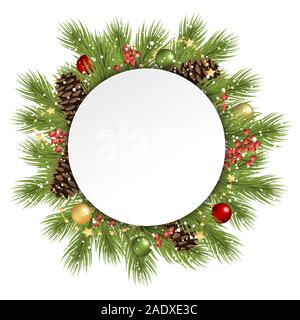 Branches de sapin et les cônes et des boules de noël derrière le châssis tube rond pour Noël salutations d'hiver sur fond blanc Illustration de Vecteur