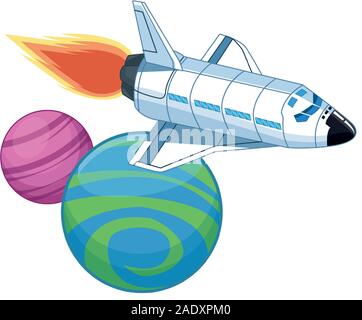 Vaisseau spatial volant autour de l'icône de planètes de l'espace Illustration de Vecteur