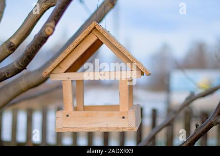 Mangeoire pour oiseaux fait maison. Aider les oiseaux en hiver Banque D'Images