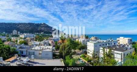 Haïfa, Israël - 30 novembre 2019 - Vue panoramique sur le quartier de Bat Galim, la mer Méditerranée et le Mont Carmel, à Haïfa, Israël Banque D'Images