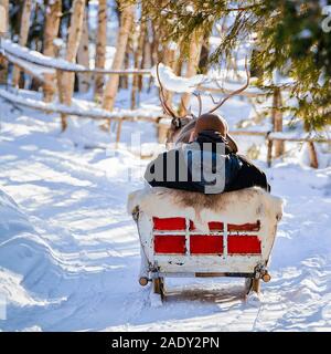 L'homme au traîneau de rennes en hiver réflexe Rovaniemi Banque D'Images