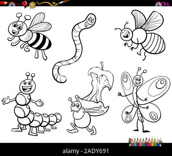 Cartoon noir et blanc Illustration de Funny Animal Insectes Jeu de caractères Page à colorier Illustration de Vecteur