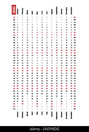 Une ligne calendrier 2020 vertical, dimanche premier jour de la semaine. Calendrier de vecteur. Illustration de Vecteur