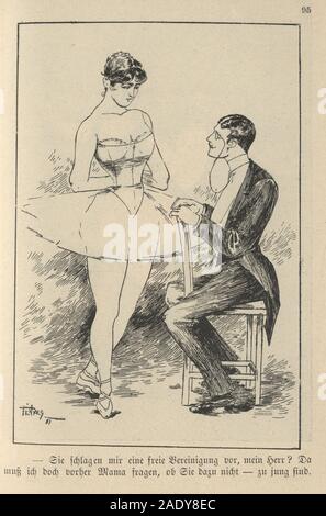 Vintage victorian caricature allemande, jeune homme flirter avec une ballerine 19e siècle Banque D'Images