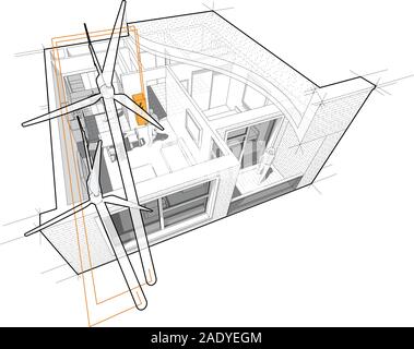 Schéma en coupe de la perspective d'un appartement d'une chambre à coucher entièrement meublé avec vue en coupe toit plat à l'aide d'éoliennes comme source de bouilloire en Illustration de Vecteur