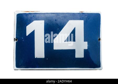 Grunge altérés square metal plaque émaillée de nombre d'adresse avec numéro 14 libre isolé sur fond blanc Banque D'Images