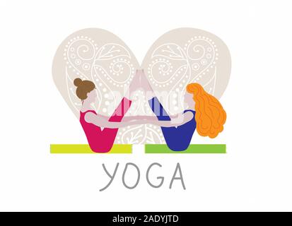 Le yoga de la femme. Vector illustration de deux femmes qui n'yoga. Studio de Yoga. Banque D'Images