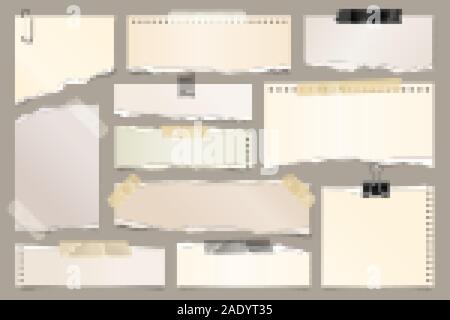 Les bandes de papier déchirés de couleur collection. Morceaux de papier réaliste avec bords déchirés et ruban adhésif. Les notes, lambeaux de pages du bloc-notes. Vector Illustration de Vecteur