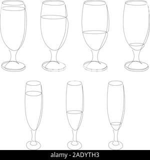 Dessin d'une ligne continue avec verre cocktail, bière ou boisson, champagne. Ensemble de presque vide, verre à moitié rempli et complet. Collection Illustration de Vecteur