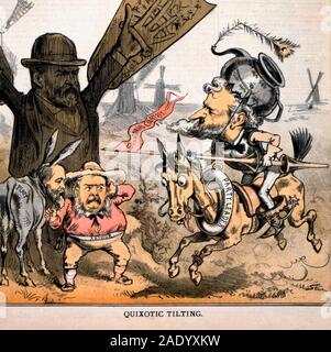 Quixotic inclinaison - Caricature politique montrant l'homme "chef de parti" portant des armures, sur un cheval, en soulignant "la lance à enatorial avec la permission" à moulin en forme de James Garfield, avec Chester Arthur et Thomas Platt comme âne debout devant. 1881 Banque D'Images