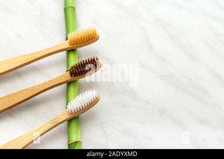 Brosses à dents en bambou, plantes de bambou sur fond de marbre blanc. Mise à plat. Produits de bain naturels.bambou naturel biodégradable Eco friendly.brosse à dents Banque D'Images
