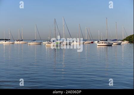 Key Biscayne, Floride - 30 novembre 2019 - Voiliers à l'ancre à Crandon Marina anchorage sur claire, calme journée d'hiver au lever du soleil. Banque D'Images