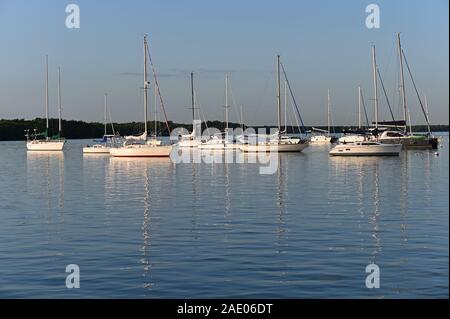 Key Biscayne, Floride - 30 novembre 2019 - Voiliers à l'ancre à Crandon Marina anchorage sur claire, calme journée d'hiver au lever du soleil. Banque D'Images