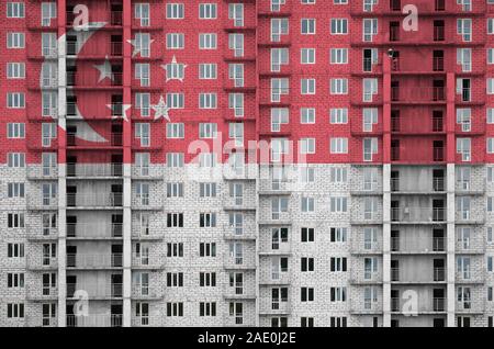 Pavillon Singapour représenté dans la peinture de couleurs sur plusieurs étages du bâtiment résidentiel en construction. Bannière texturé sur grand fond mur de brique Banque D'Images