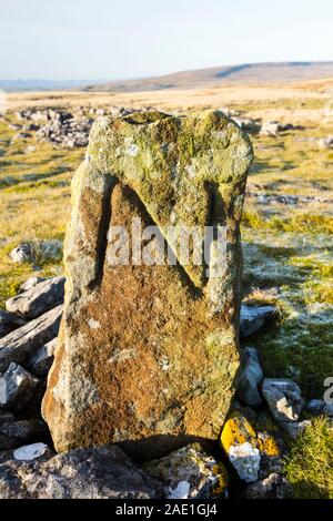 Une borne od sur Ingleborough, vallées du Yorkshire, UK, marquant la limite entre Ingleton et Newby. Banque D'Images