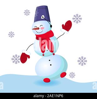 Mignon bonhomme de neige sur un fond blanc. Vector illustration. Caractère d'hiver. Femme de neige. Nez carotte.. Illustration de Vecteur