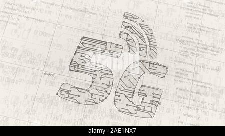 Projet de réseau mobile 5G de la création. Concept abstrait de l'IOT, téléphone, connection et de la communication 3d illustration. Schéma numérique Dessin li Banque D'Images