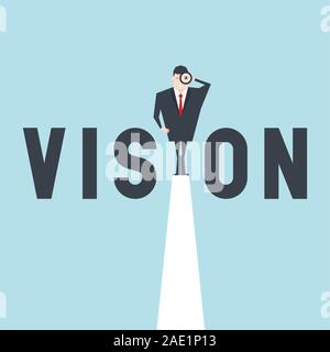 Concept Vision vector illustration avec business man looking through telescope à partir d'une falaise. Illustration de Vecteur