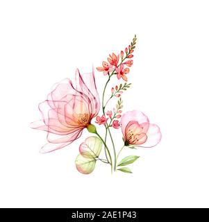 Aquarelle rose transparent avec fleurs de freesia bouquet gros. Composition florale colorée isolé sur blanc. Peint à la main pour l'illustration botanique Banque D'Images