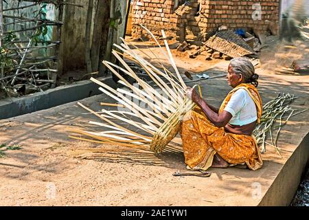 Femme tissant panier canne, Chandrapur, Maharashtra, Inde, Asie Banque D'Images