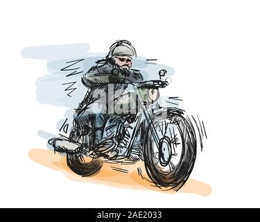 Biker moto avec moteur puissant de vitesse sur route. Moto rapide vector illustration. L'art de la peinture à la main pour imprimer le modèle. Illustration de Vecteur