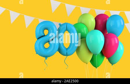 Joyeux 80e anniversaire partie colorée de ballons et de banderoles. 3D Render Banque D'Images