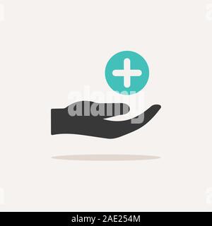 La main avec la pharmacie Croix. Icône avec ombre sur un fond beige. Pharmacy télévision vector illustration Illustration de Vecteur