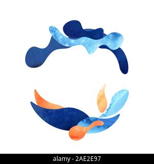 Aquarelle rond cadre fait de fluide et les éléments en bleu et orange isolé sur fond blanc Banque D'Images