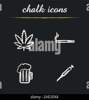 De mauvaises habitudes de la craie icons set. Feuilles de marijuana cigarette fumée, avec de la bière mousseuse, seringue, verre. Les drogues, tabac et alcool. Vecteur isolés ch Illustration de Vecteur