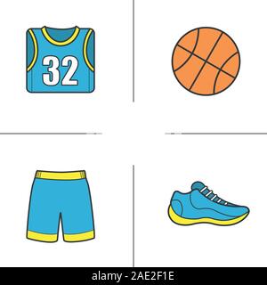 Couleur Basket-ball icons set. Ball, chaussure, t-shirt, short. L'uniforme de joueur de basket-ball. Illustrations vectorielles Illustration de Vecteur