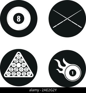 Billiard icons set. L'équipement de piscine. Cuesports accessoires. 8 ball, EUC, support de boule et bille de gravure. Vector silhouettes blanc illustrations de bla Illustration de Vecteur
