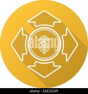 Les dépenses de l'argent long shadow plates linéaires icône. Pièce d'un dollar avec toutes les flèches de direction. Symbole ligne vectorielle Illustration de Vecteur