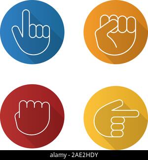 Les gestes de la main à plat long shadow linéaire icons set. Poing levé et pressé, les mains vers la droite et vers le haut. Ligne vectorielle illustration Illustration de Vecteur