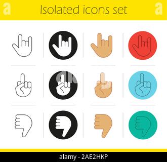 Les gestes de la main icons set. Linéaire, noir et couleurs. Dislike, heavy metal, doigt du milieu. Illustrations vectorielles Illustration de Vecteur