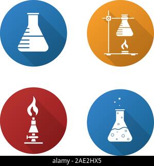 L'équipement de laboratoire de chimie de l'école. Modèle plat long shadow icons set. Bécher avec liquide, support à anneau avec ballon, brûleur de laboratoire, réaction chimique. Ve Illustration de Vecteur