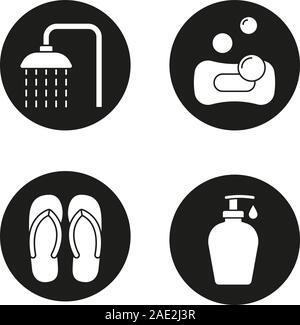 Spa salon icons set. Spa salon douche, tongs, éponge avec bulles, gel douche à l'aide de drop. Vector silhouettes blanc illustrations de cercles noirs Illustration de Vecteur