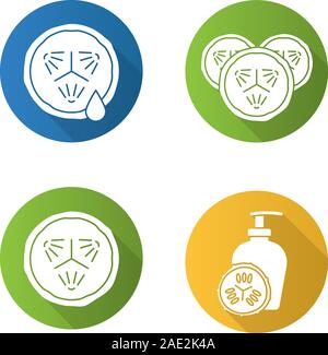 Le concombre en cosmétologie. Modèle plat long shadow icons set. Tranches de concombre avec la goutte de jus, masque du visage. Silhouette Vector illustration Illustration de Vecteur