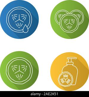 Le concombre en cosmétologie. Ombre portée de plates linéaires icons set. Tranches de concombre avec la goutte de jus, masque du visage. Ligne vectorielle illustration Illustration de Vecteur