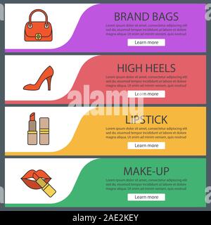 Des accessoires féminins modèles de page définie. Sac à main, rouge à lèvres, chaussure haut talon. Les éléments de menu du site Web. Color bandeau web. En-têtes Vector design concepts Illustration de Vecteur