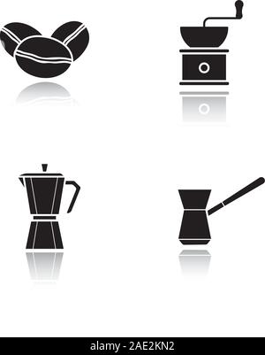 Équipements de préparation du café. Ombre portée icônes noires. Pot de Moka, café classique, bain turc cezve, grinder et les haricots. Illustrations vectorielles Illustration de Vecteur