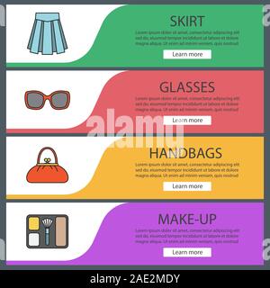 Des accessoires féminins modèles de page définie. Jupe, lunettes de soleil, sac à main, le blush. Les éléments de menu du site Web. Color bandeau web. En-têtes Vector design concepts Illustration de Vecteur