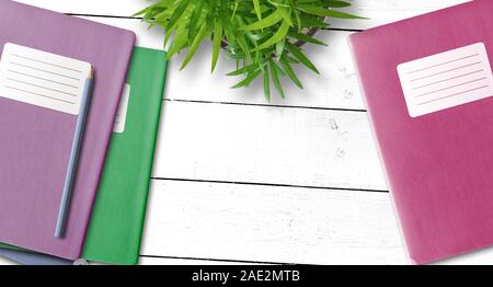 Directement au-dessus de l'ordinateur portable ou de cahier d'exercice avec étiquette adhésive vierge et un crayon sur le bureau avec une plante en pot vert, concept de l'éducation Banque D'Images