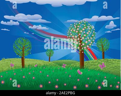 Paysage de fantaisie avec fleurs, arbres en fleurs sur la pelouse et les papillons colorés. Illustration de Vecteur