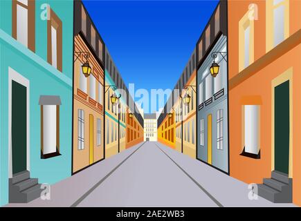 Rue avec des bâtiments situés de part et d'autre d'une route vector illustration colorées pour la conception graphique ou l'art de mur Illustration de Vecteur