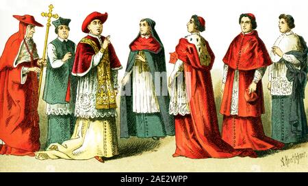 Les images ici sont toutes dotées d''Costume ecclésiastique, du 11e siècle au cours du xixe siècle. Ils sont de gauche à droite : la Cappa Magna d'un cardinal, manteau court, le pape, la Cappa Magna pour un évêque, la Cappa Magna pour un cardinal, un cardinal, Cappa Magna d'un évêque. L'illustration dates à 1882. Banque D'Images