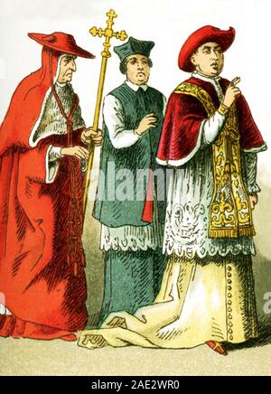 Les images ici sont toutes dotées d''Costume ecclésiastique, du 11e siècle au cours du xixe siècle. Ils sont de gauche à droite : la Cappa Magna d'un cardinal, manteau court, le pape. L'illustration dates à 1882. Banque D'Images